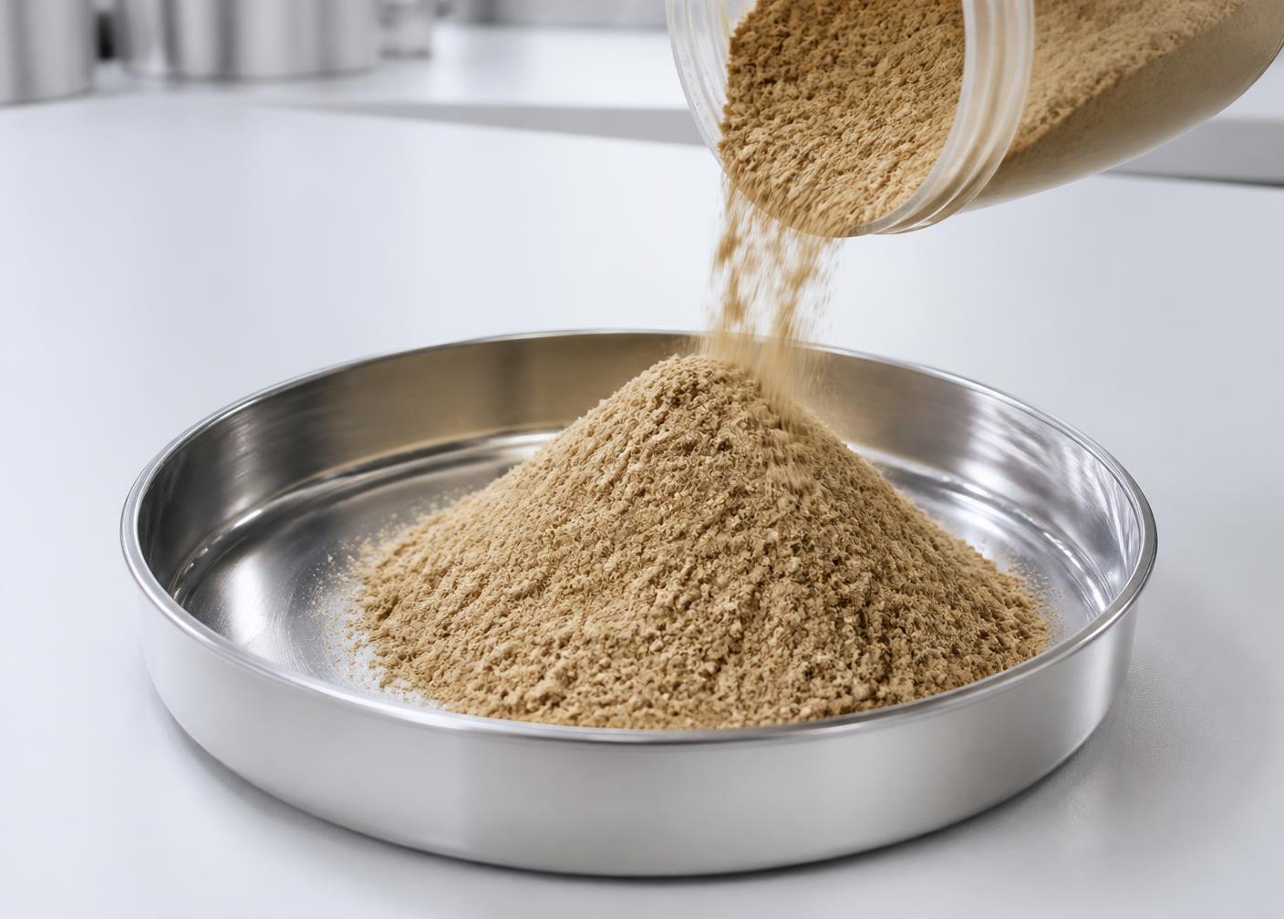Harina de proteína de grillo en bandeja de laboratorio
