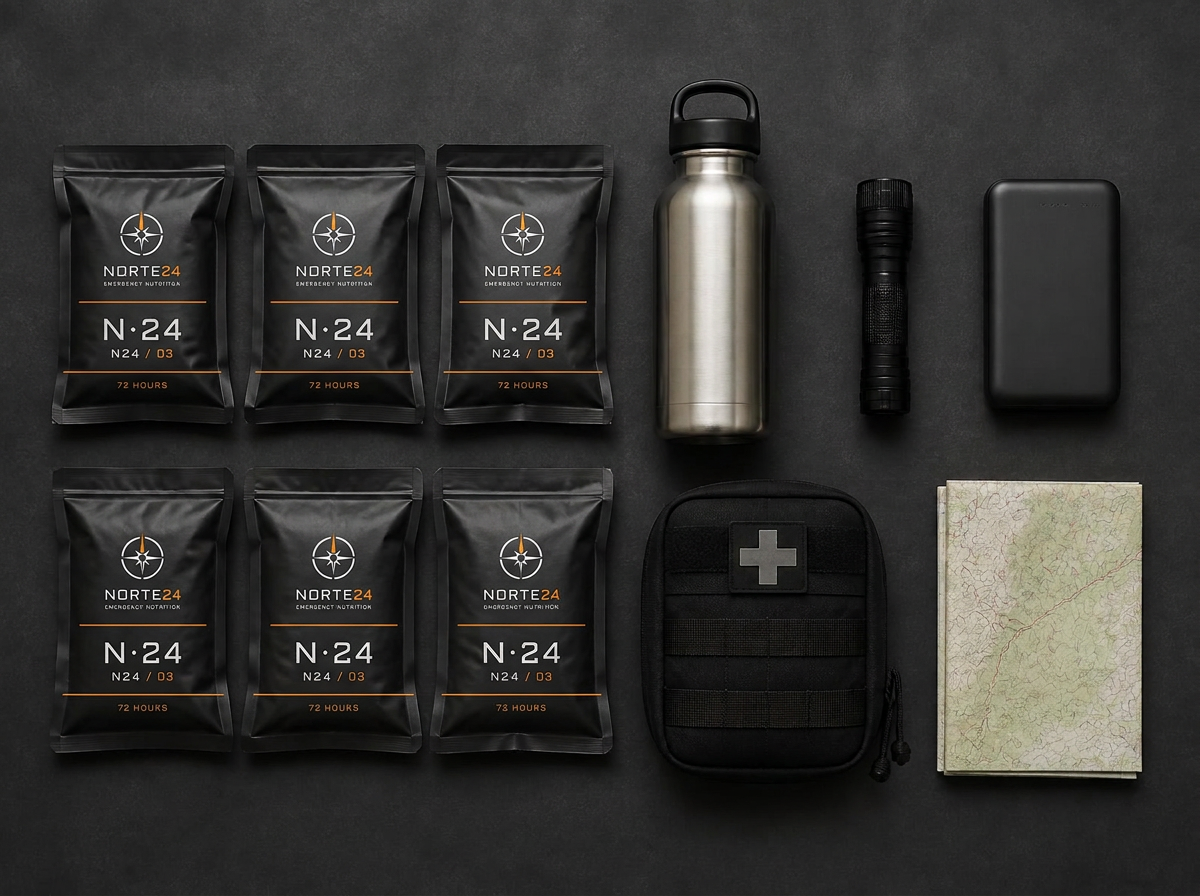 Kit de emergencia con raciones NORTE24, agua, linterna, powerbank y botiquín